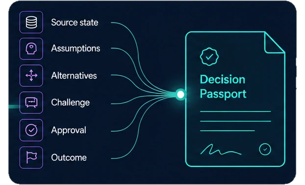 Source state, assumptions, alternatives, challenge, approval and outcome converge into an independently reconstructable Decision Passport.