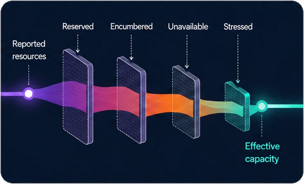 Reported resources pass through Reserved, Encumbered, Unavailable and Stressed constraints to reveal effective capacity.